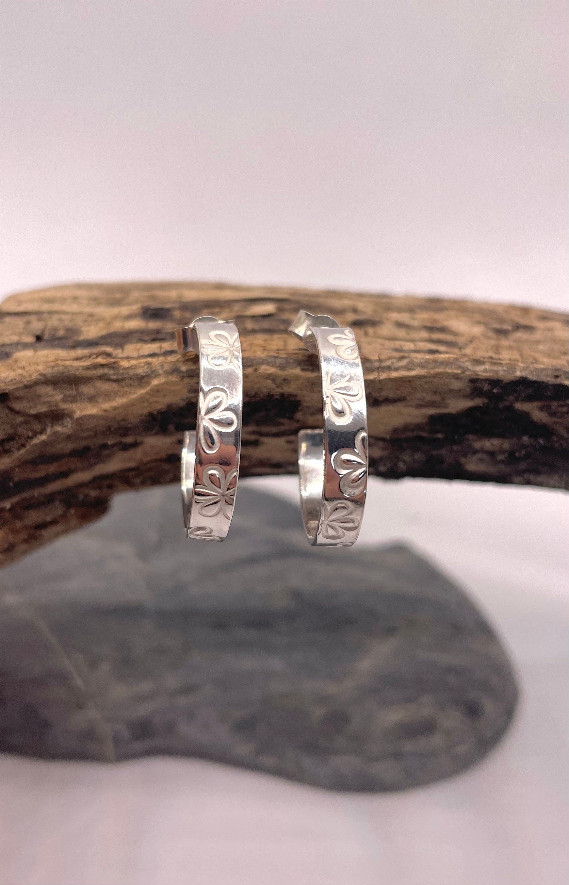 Sterling silver hoop earrings | chunky hoop earrings | 925 silver earrings | daisy hoop earrings | minimalist jewellery | gifts for her