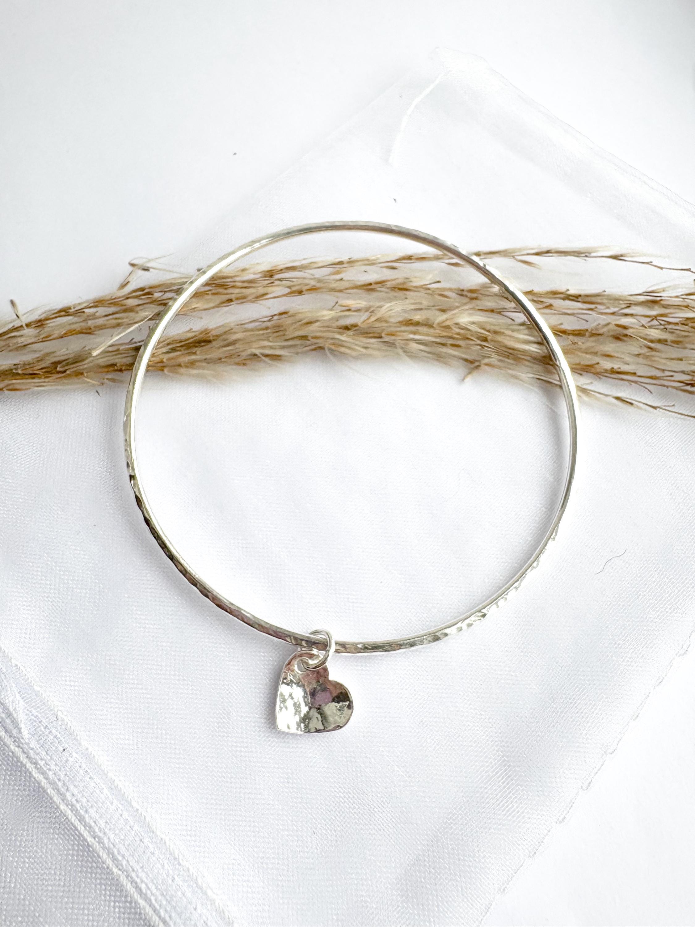 Sterling silver bangle | Silver bangle with heart charm | hammered bangle | 925 sterling silver | handmade bangle | gifts for her