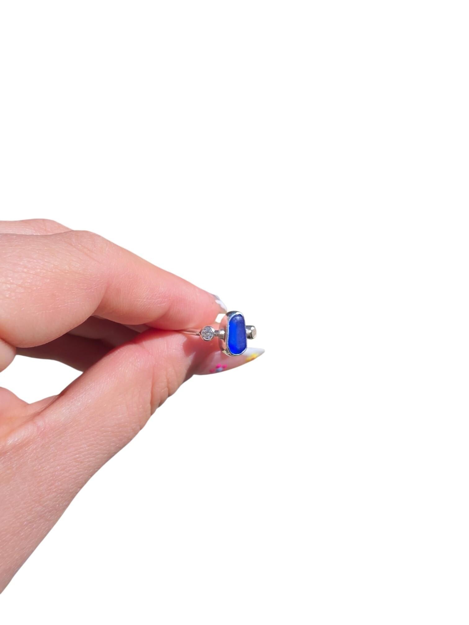 Cornish Sea Glass Ring | Sea Glass Jewellery | Cobalt Sea Glass | Stacking Ring | Cubic Zirconia Ring | Handmade Jewellery | 925 Silver