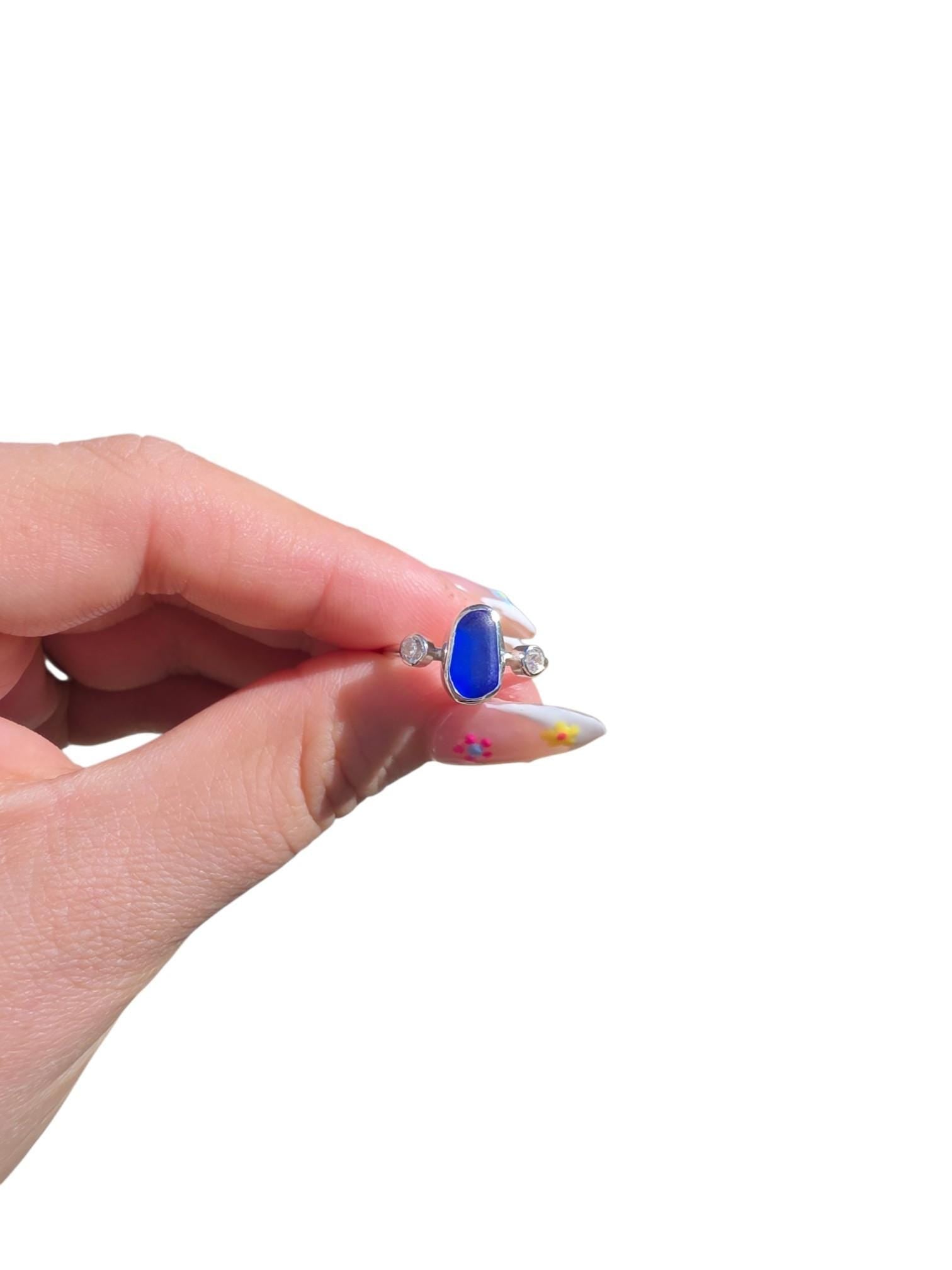 Cornish Sea Glass Ring | Sea Glass Jewellery | Cobalt Sea Glass | Stacking Ring | Cubic Zirconia Ring | Handmade Jewellery | 925 Silver
