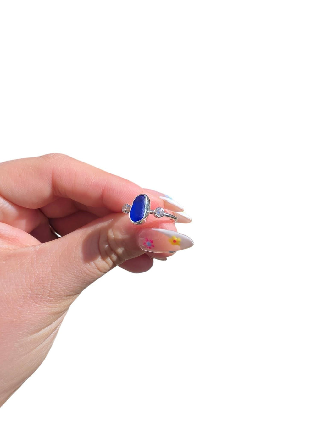Cornish Sea Glass Ring | Sea Glass Jewellery | Cobalt Sea Glass | Stacking Ring | Cubic Zirconia Ring | Handmade Jewellery | 925 Silver