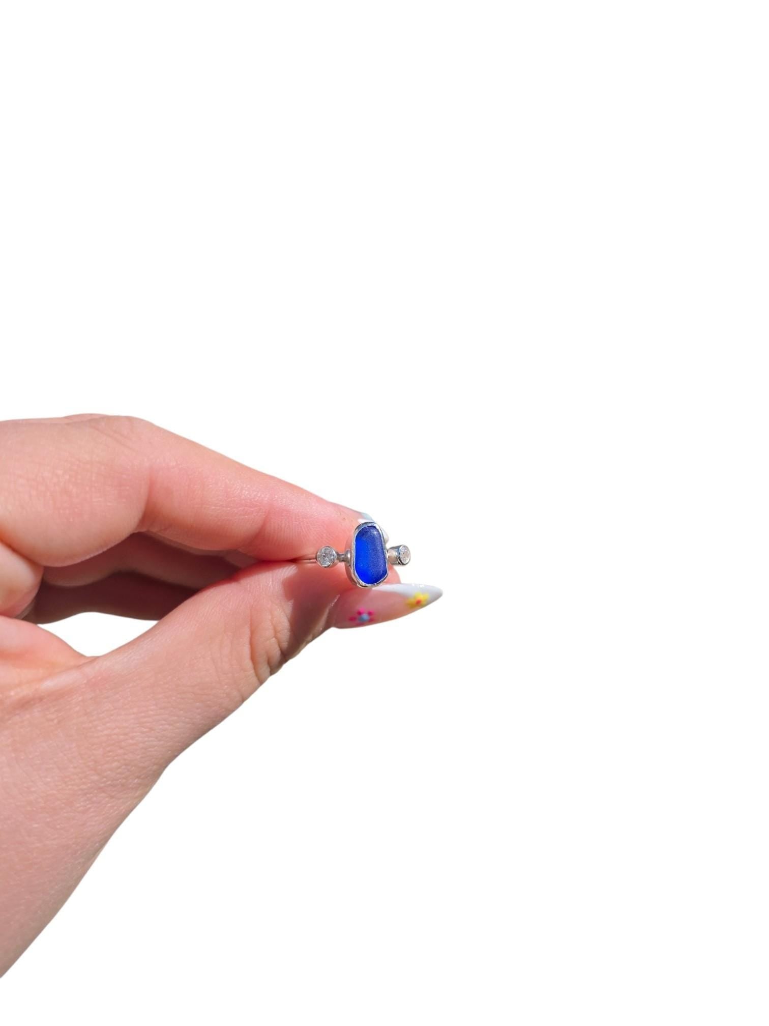 Cornish Sea Glass Ring | Sea Glass Jewellery | Cobalt Sea Glass | Stacking Ring | Cubic Zirconia Ring | Handmade Jewellery | 925 Silver