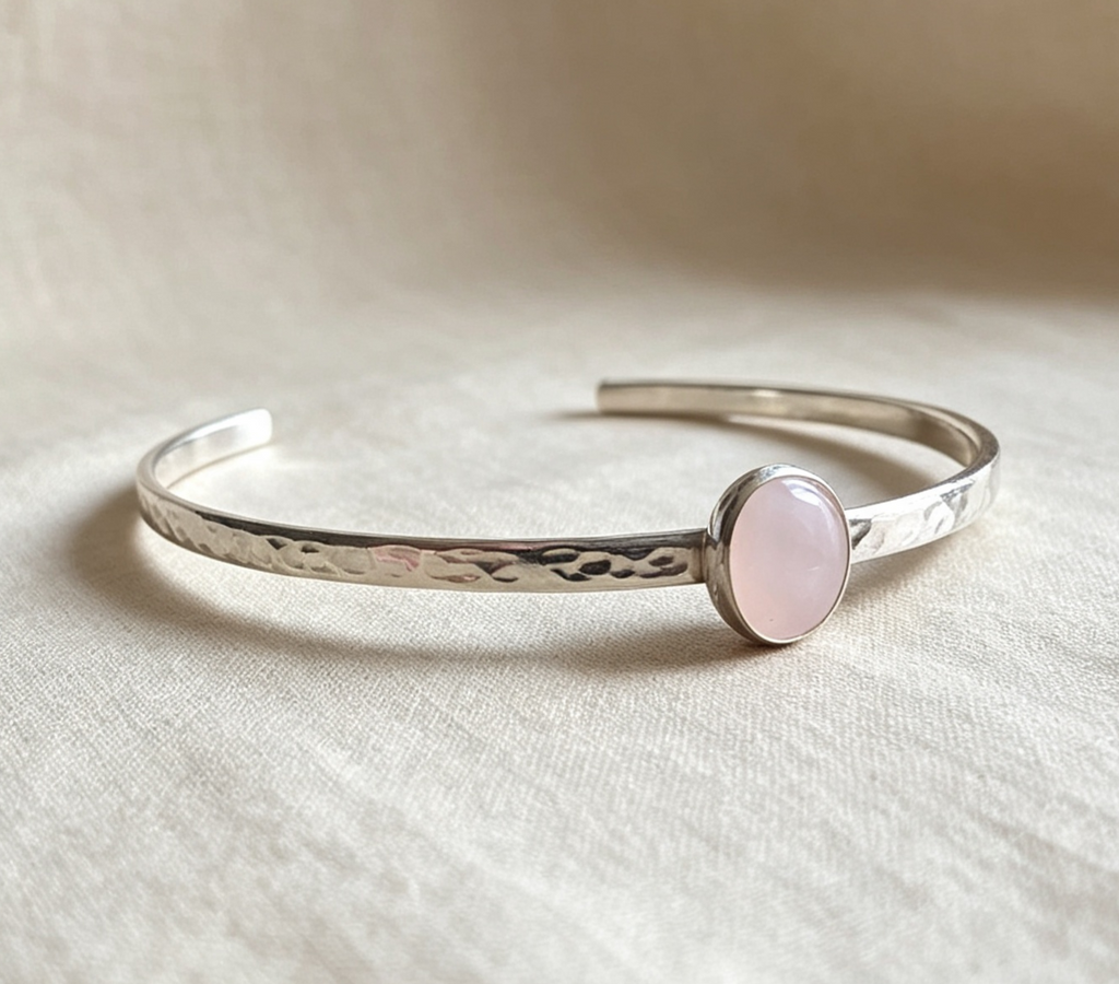 Rose Quartz Hammered Sterling Silver Cuff Bangle