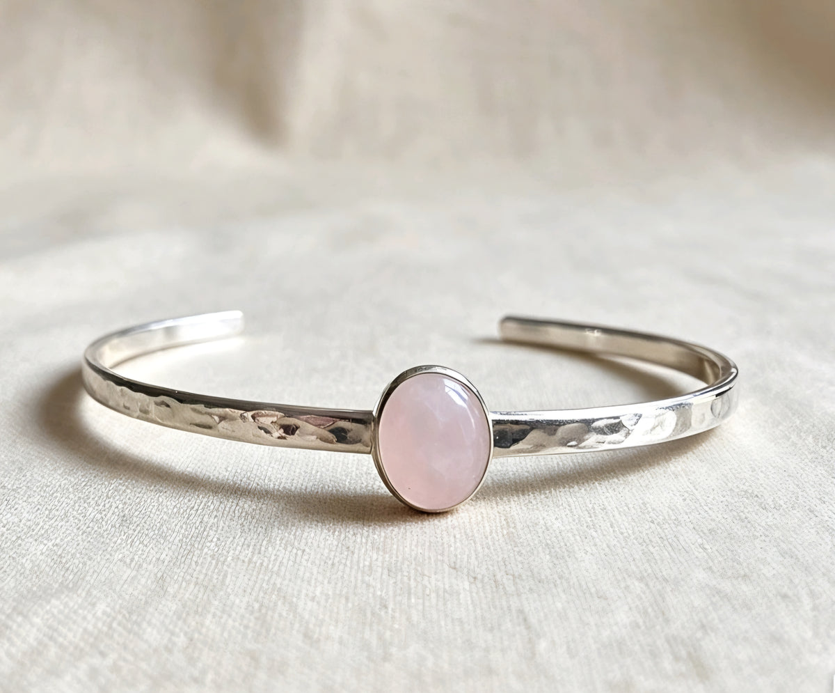 Rose Quartz Hammered Sterling Silver Cuff Bangle